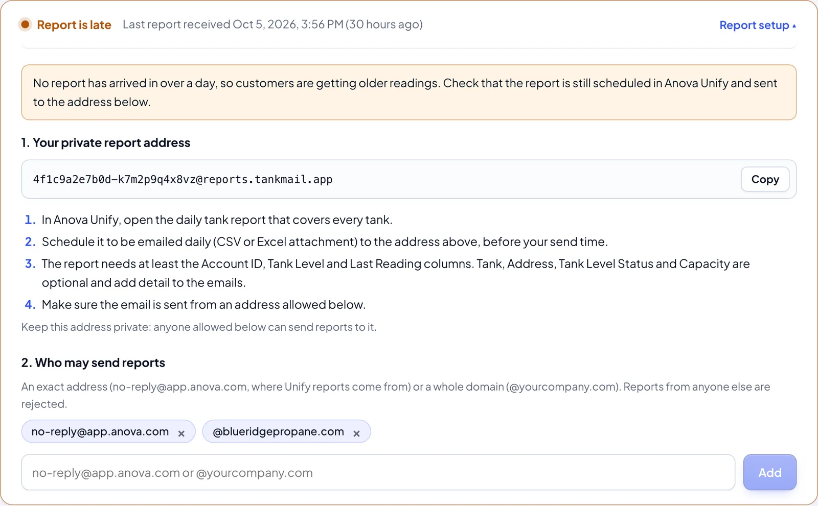 Dashboard warning that the report is late, with steps to check the Unify schedule