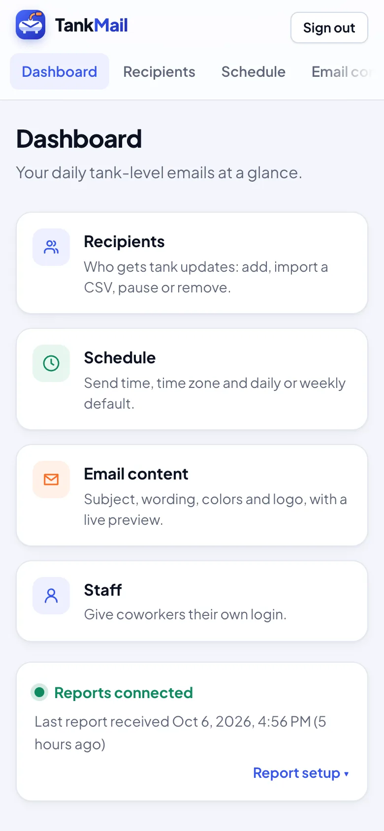 The TankMail dashboard on a phone