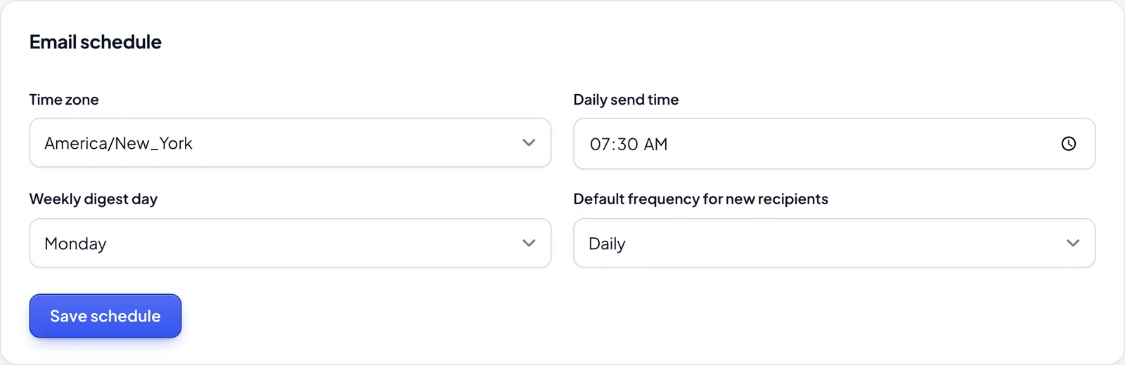 Schedule settings: time zone, daily send time, weekly digest day and default frequency